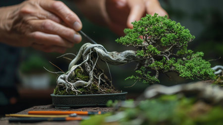Bonsai tree in the hands of a man. Selective focus.の素材