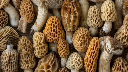 Group of morel mushrooms on a wooden background. Top view.の素材