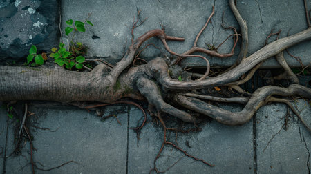 Tree roots on the concrete floor. Nature background. Toned.の素材