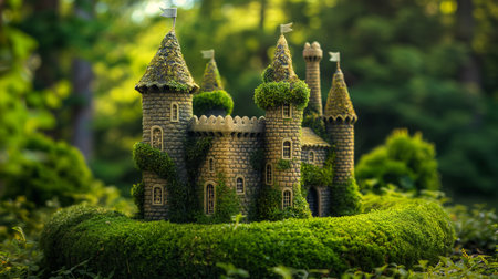 Miniature castle made of green moss in the garden. Selective focus.の素材