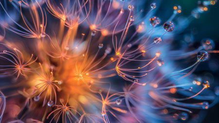 Macro of dandelion flower with water drops on it.の素材