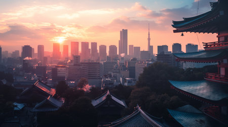 Tokyo cityscape at sunset, Japan. Tokyo is the capital of Japan.の素材