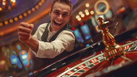 Cheerful young man playing roulette at the casino. Gambling and casino theme.の素材