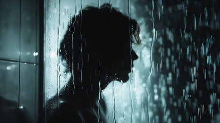 Silhouette of a woman in a shower behind wet glass.の素材