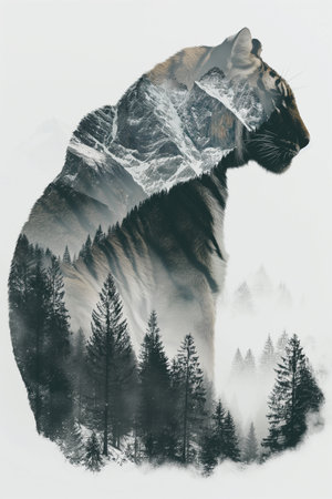 Double exposure of tiger and mountains. Digital art painting. Conceptual image.の素材