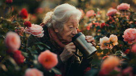 Beautiful senior woman drinking tea in rose garden. Portrait of a beautiful elderly woman drinking tea in rose garden.の素材