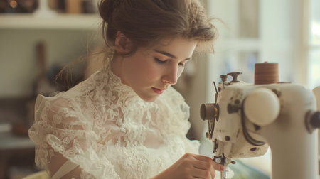 Fashion designer woman working on her designs in studio. Portrait of fashion designer.の素材