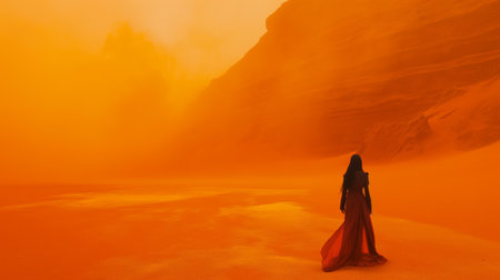 Fantasy scene of a witch in a red cloak in the desertの素材