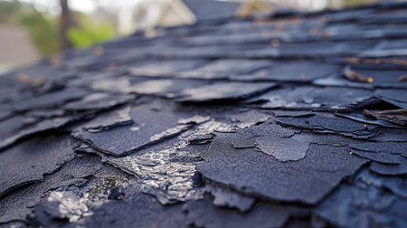 Closeup of a roof of a house covered with black shinglesの素材