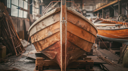 Old wooden fishing boat in a shipyard. Selective focus.の素材