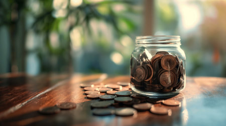Coins in glass jar on wooden table with bokeh background. Saving money concept.の素材