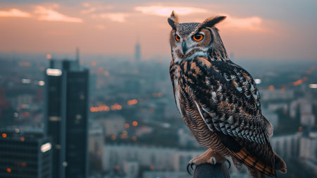 Owl sitting on the roof of a skyscraper at sunset.の素材