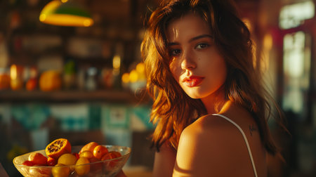 Portrait of a beautiful young woman with fruits in a cafe.の素材