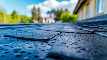 Raindrops on the roof of the house after the rain. Selective focus.の素材