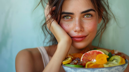 Closeup portrait of a young beautiful woman with fresh fruit salad.の素材
