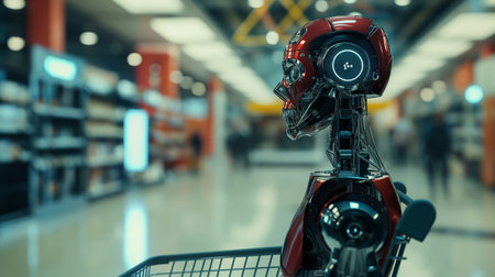 Robot in the shopping cart in the store. 3d rendering.の素材