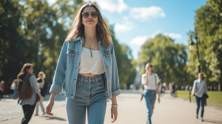 Beautiful young woman walking in the city. Girl in jeans and a jacketの素材