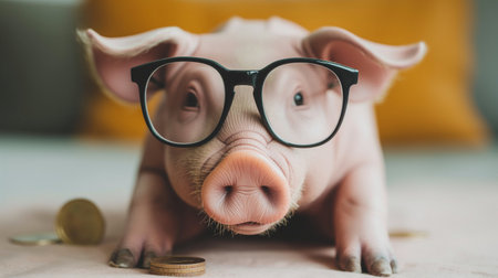 Piggy bank with eyeglasses and coins on the tableの素材