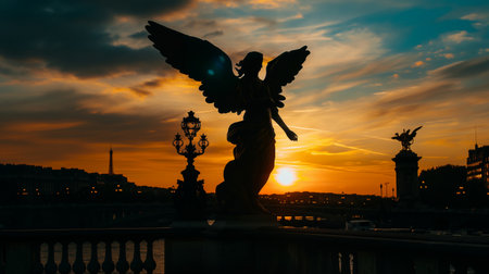Angel statue on Pont Alexandre III at sunset, Paris, Franceの素材