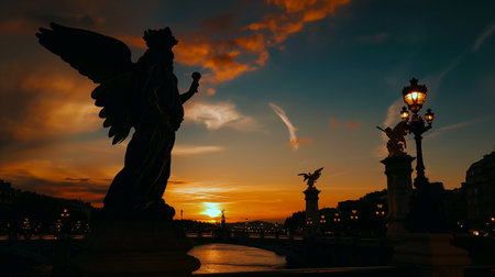 The Pont Alexandre III in Paris, France at sunset with statue of angelの素材