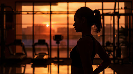 Silhouette of young woman in sportswear looking at sunrise in gymの素材