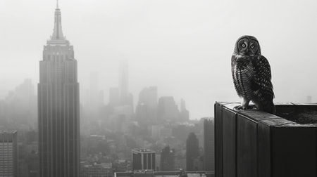 A black and white shot of an owl sitting on top of a building in New York Cityの素材