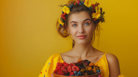 Portrait of a girl with a wreath of flowers on her head and a bowl of berries on a yellow backgroundの素材
