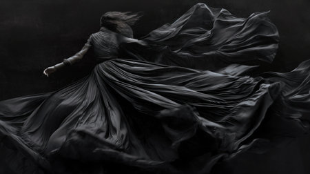 Beautiful woman in black dress on black background. Flying fabric.の素材