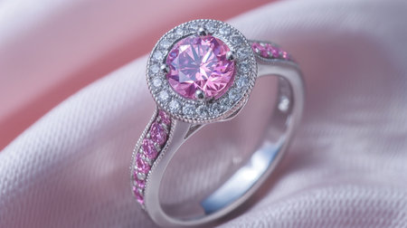 wedding ring with pink sapphire on a satin backgroundの素材