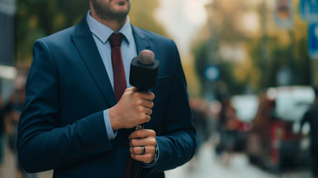 Journalist in a suit with a microphone in his hands on the streetの素材