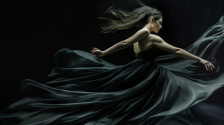 Beautiful young woman in a black dress with flying hair over dark backgroundの素材