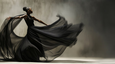 Flamenco dancer in black dress dancing in foggy studioの素材