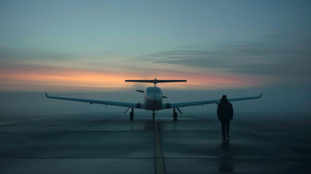 Airplane on the runway at sunset. Passenger airplane on the runwayの素材