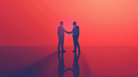 Partnership Concept with Businessmen Shaking Hands on Red Backgroundの素材