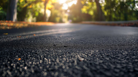 Asphalt road in the park with sunlight and bokeh backgroundの素材