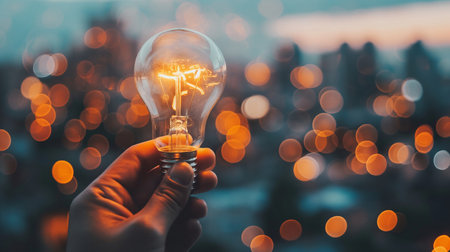 Hand holding a lightbulb with bokeh background, idea conceptの素材