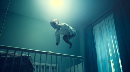 Little boy jumping in the crib at night. The concept of a happy childhood.の素材