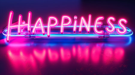 HAPPINESS neon sign on dark background. 3D rendering.の素材