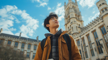 young asian man traveling in london looking at the big benの素材