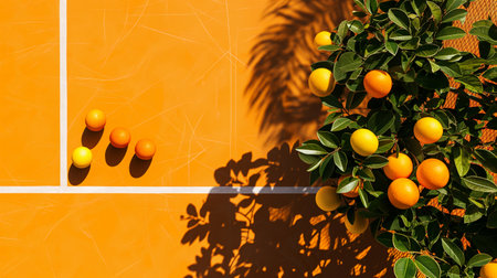 Orange court tennis with balls and shadows from the tree. Top viewの素材