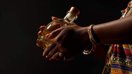 Close-up of female hands holding bottle of perfume on black backgroundの素材