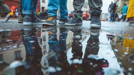 Rainy day in the city. People walking on the street.の素材
