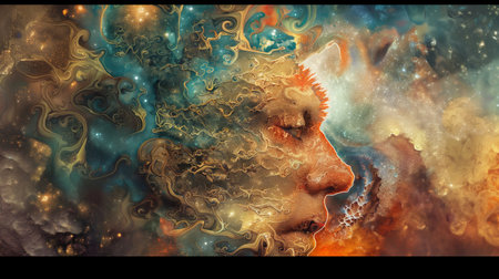 Surreal fractal illustration of a man's face and a galaxy.の素材