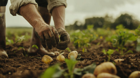 Farmer harvesting potatoes in the field. Selective focus. nature.の素材