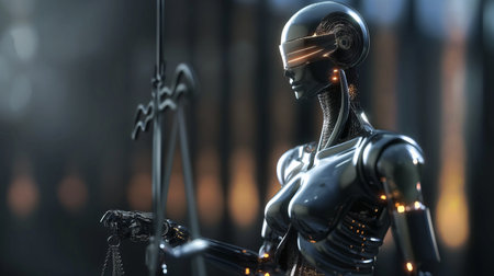 Cyborg woman with sword and scales, 3d render illustration.の素材