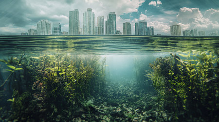Underwater view of the city with trees and plants. Mixed mediaの素材