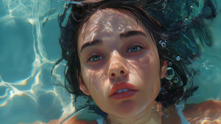 Close-up portrait of young beautiful woman in the swimming pool.の素材
