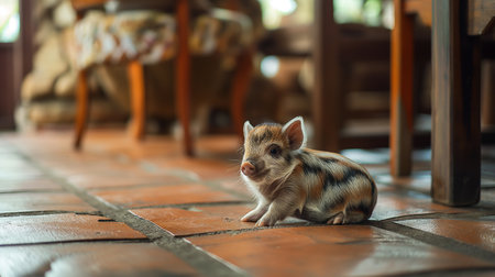 Little cute piglet sit on the floor in the living room.の素材