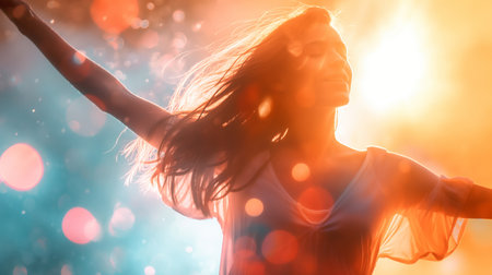 Happy young woman dancing in the city on a bokeh backgroundの素材