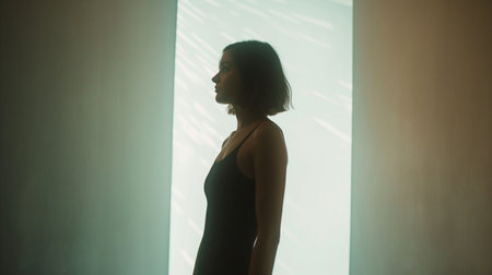 Silhouette of a beautiful woman in a black bodysuitの素材